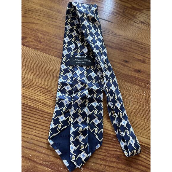 Marco Polo Italian Style Men’s Navy Blue Abstract Geometric Silk Necktie - Picture 7 of 7